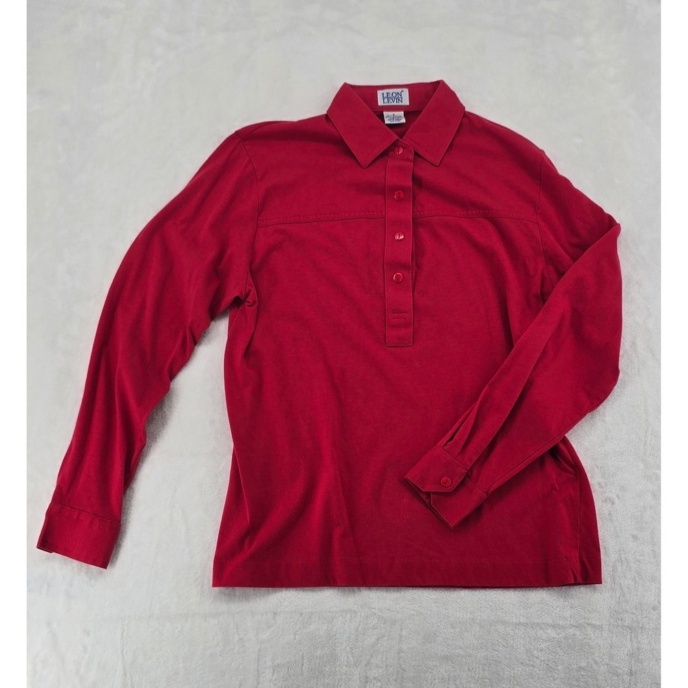 Leon Levin Polo Womens S Long Sleeve Shirt Red Cotton Blend Solid Button 6397